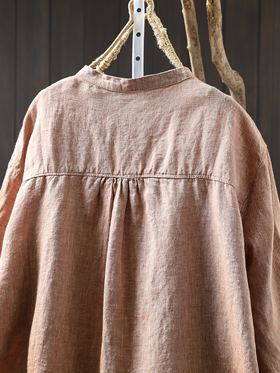 Plus Size Women Spring Pure Color Stand Collar 100%Linen Shirt