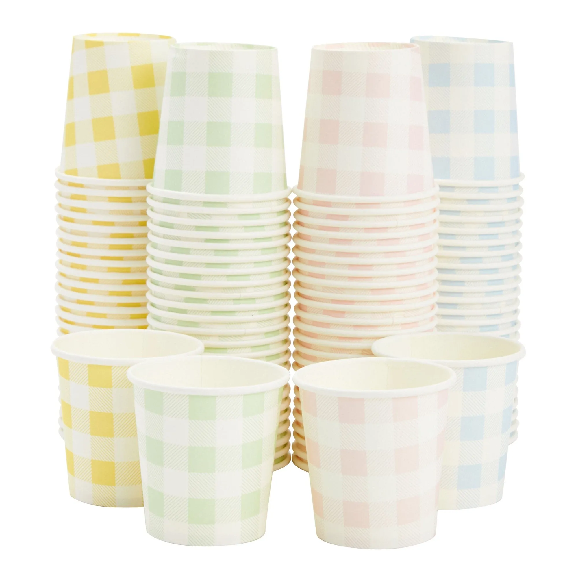 100 Pack Disposable Mini Paper Cups for Espresso, Mouthwash, Coffee (4oz, 4 Gingham Designs)