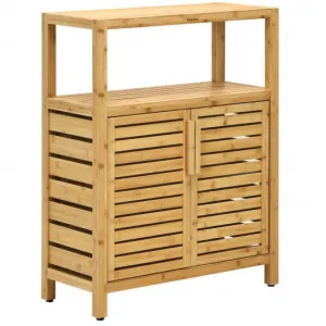 2-door Bamboo Floor Cabinet Storage Organizer with Open Shelf Adjustable Shelf