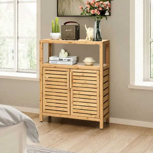 2-door Bamboo Floor Cabinet Storage Organizer with Open Shelf Adjustable Shelf