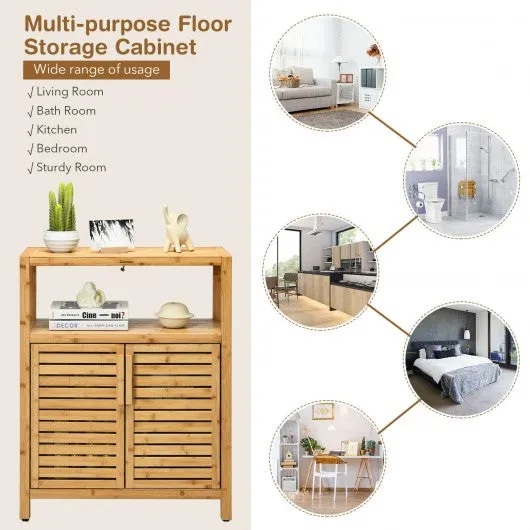 2-door Bamboo Floor Cabinet Storage Organizer with Open Shelf Adjustable Shelf