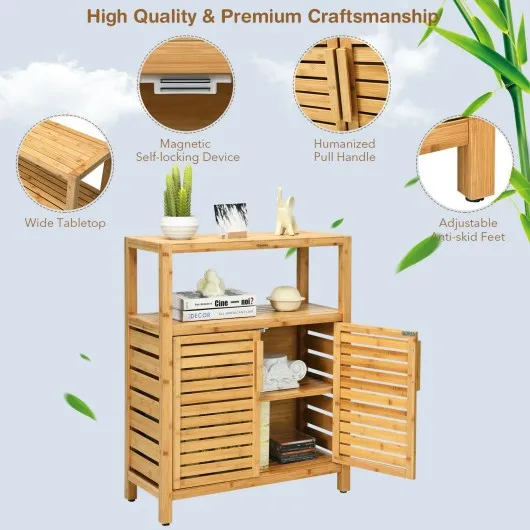 2-door Bamboo Floor Cabinet Storage Organizer with Open Shelf Adjustable Shelf