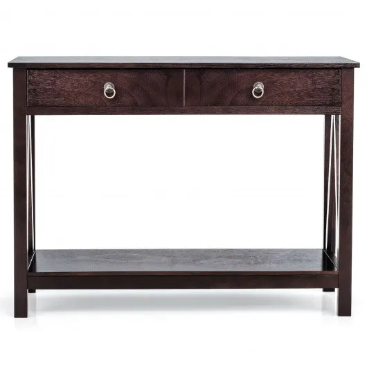 2-Tier Accent Table with Storage Shelf for Hallway Living room-Espresso