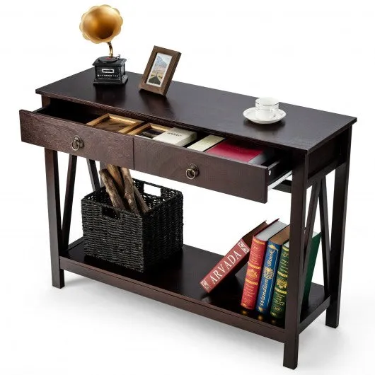 2-Tier Accent Table with Storage Shelf for Hallway Living room-Espresso