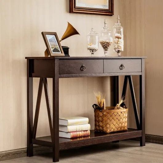 2-Tier Accent Table with Storage Shelf for Hallway Living room-Espresso