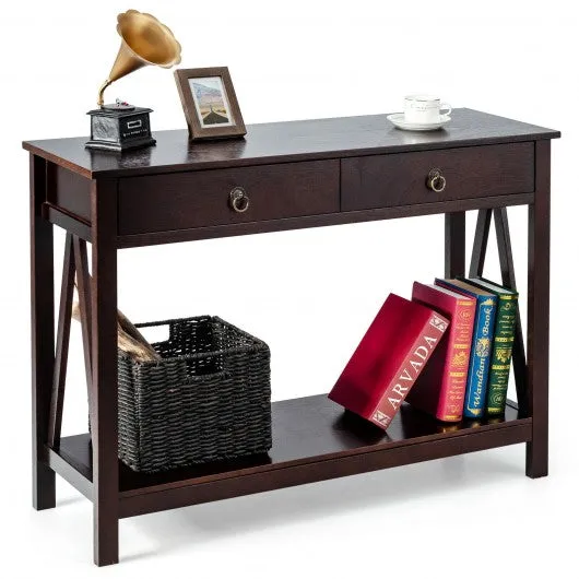 2-Tier Accent Table with Storage Shelf for Hallway Living room-Espresso