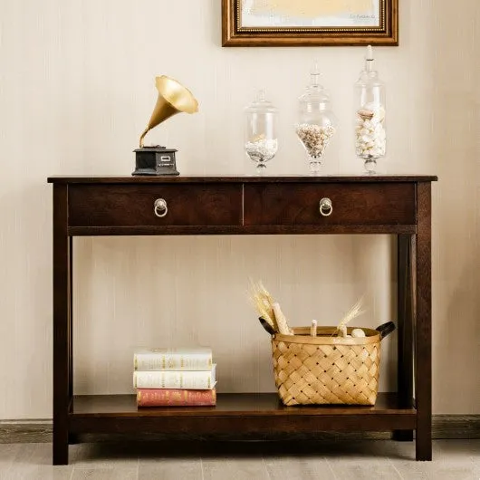 2-Tier Accent Table with Storage Shelf for Hallway Living room-Espresso