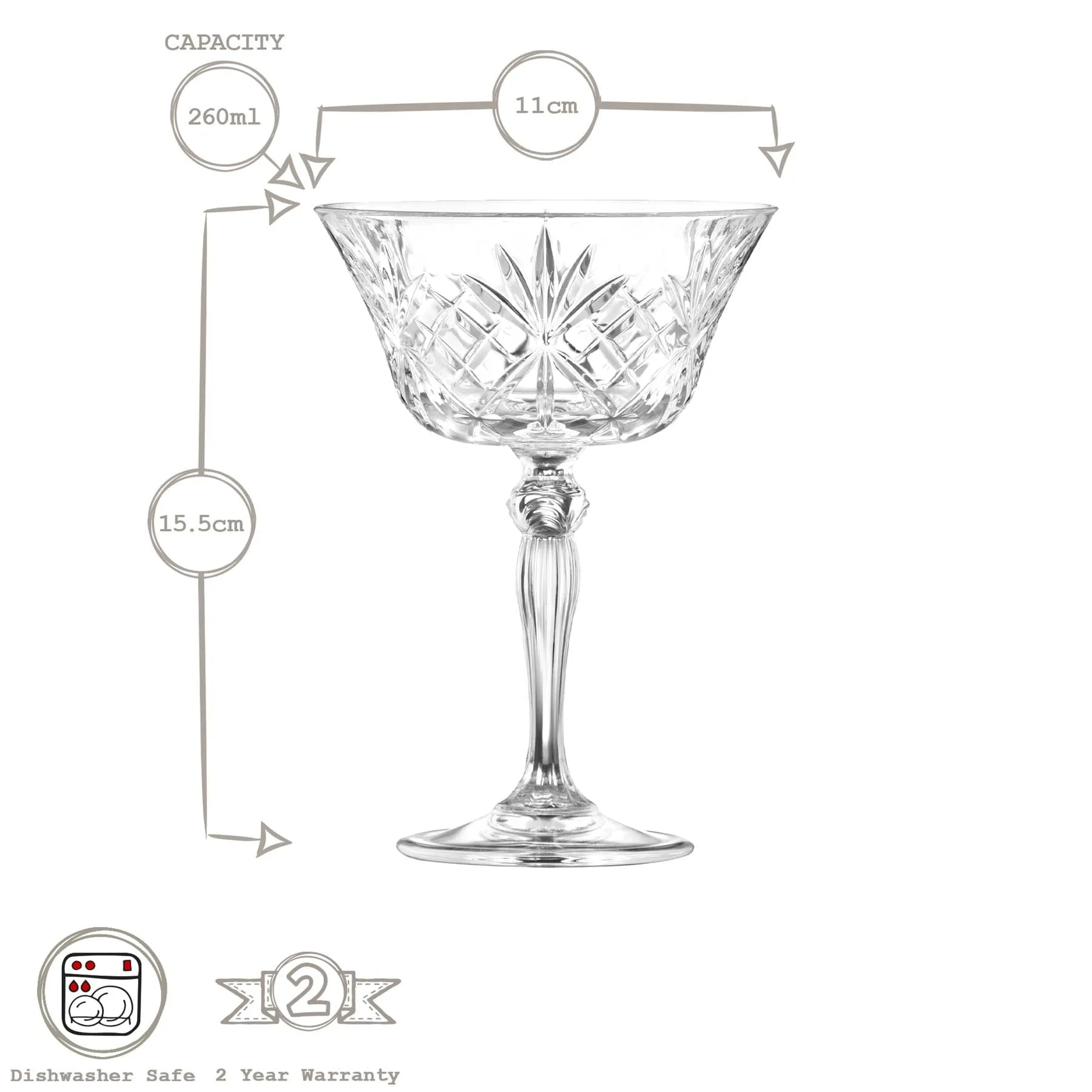 260ml Melodia Glass Champagne Saucers - Pack of 6 - By RCR Crystal