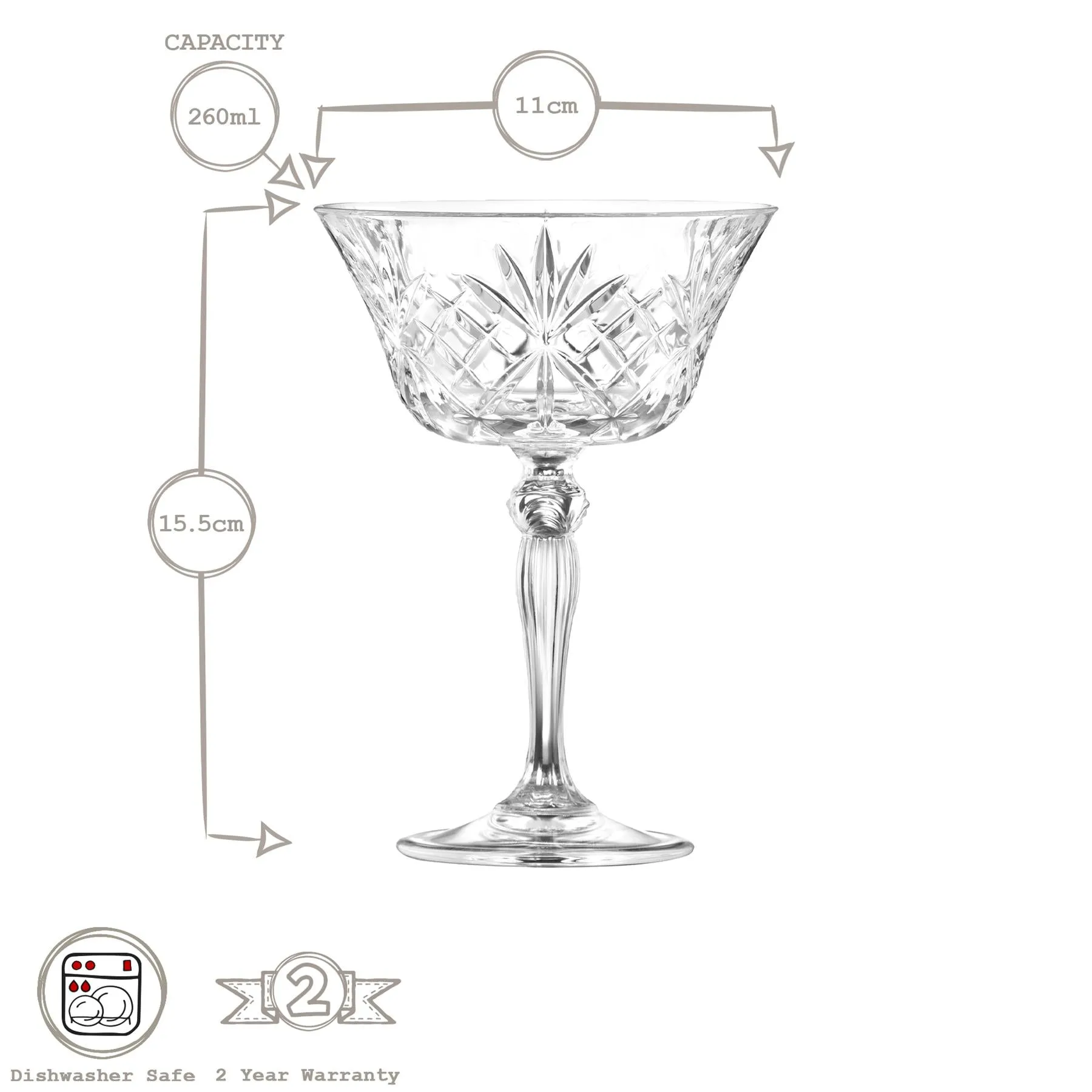 260ml Melodia Glass Champagne Saucers - Pack of Six - By RCR Crystal