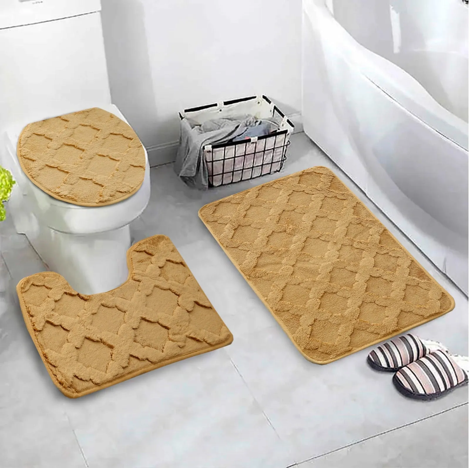 3 PCs Anti Skid Commode Mat Set(328)-Zig Zag Khakki