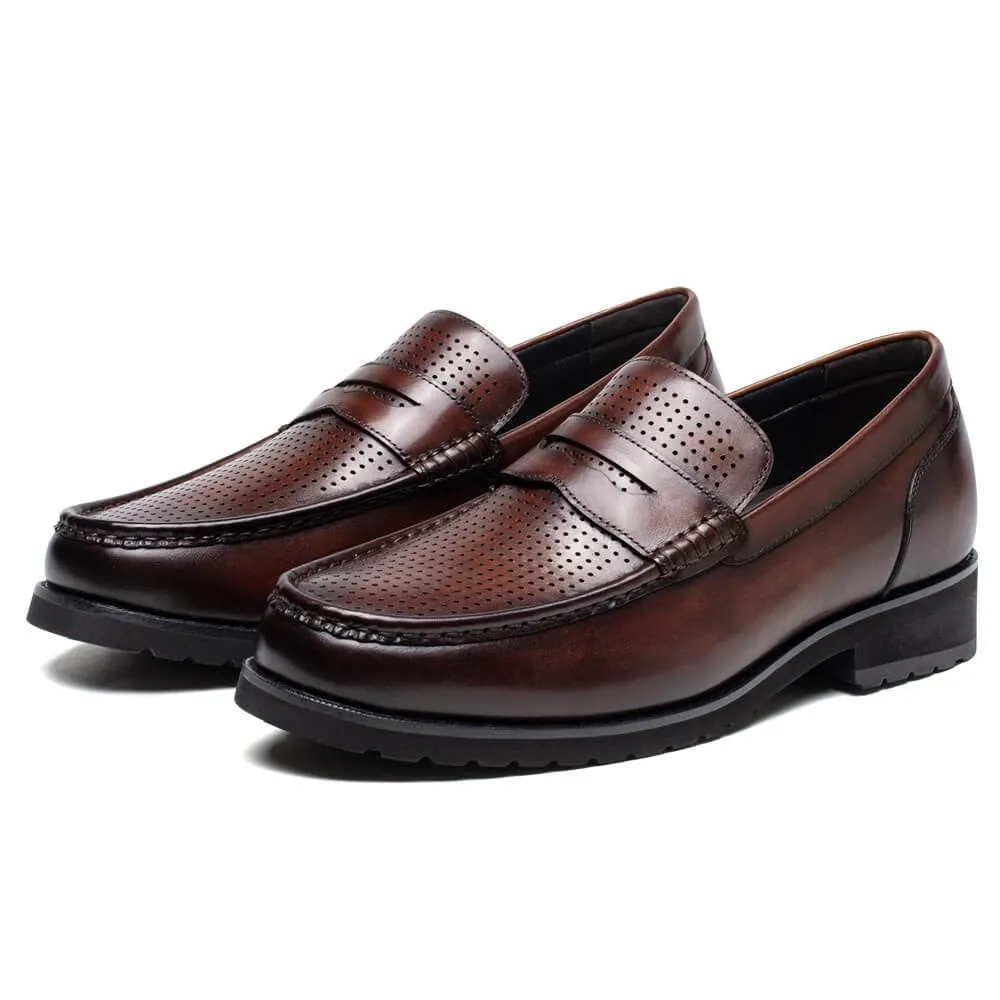 6 CM/2.36 Inches CMR CHAMARIPA Brown Cowhide Leather Slip-On Loafers for Men - Elevate Your Casual Style