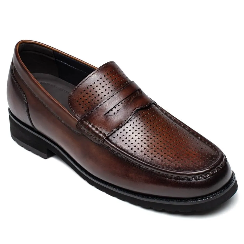 6 CM/2.36 Inches CMR CHAMARIPA Brown Cowhide Leather Slip-On Loafers for Men - Elevate Your Casual Style