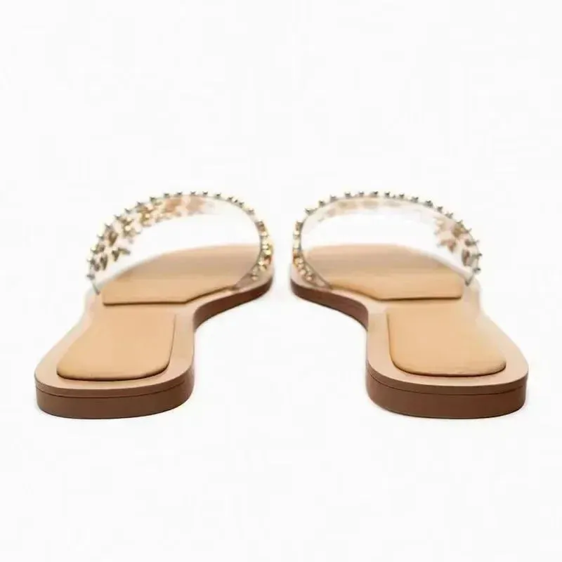 AMOZAE-- PVC Transparent Riveted Flat Beach Slides