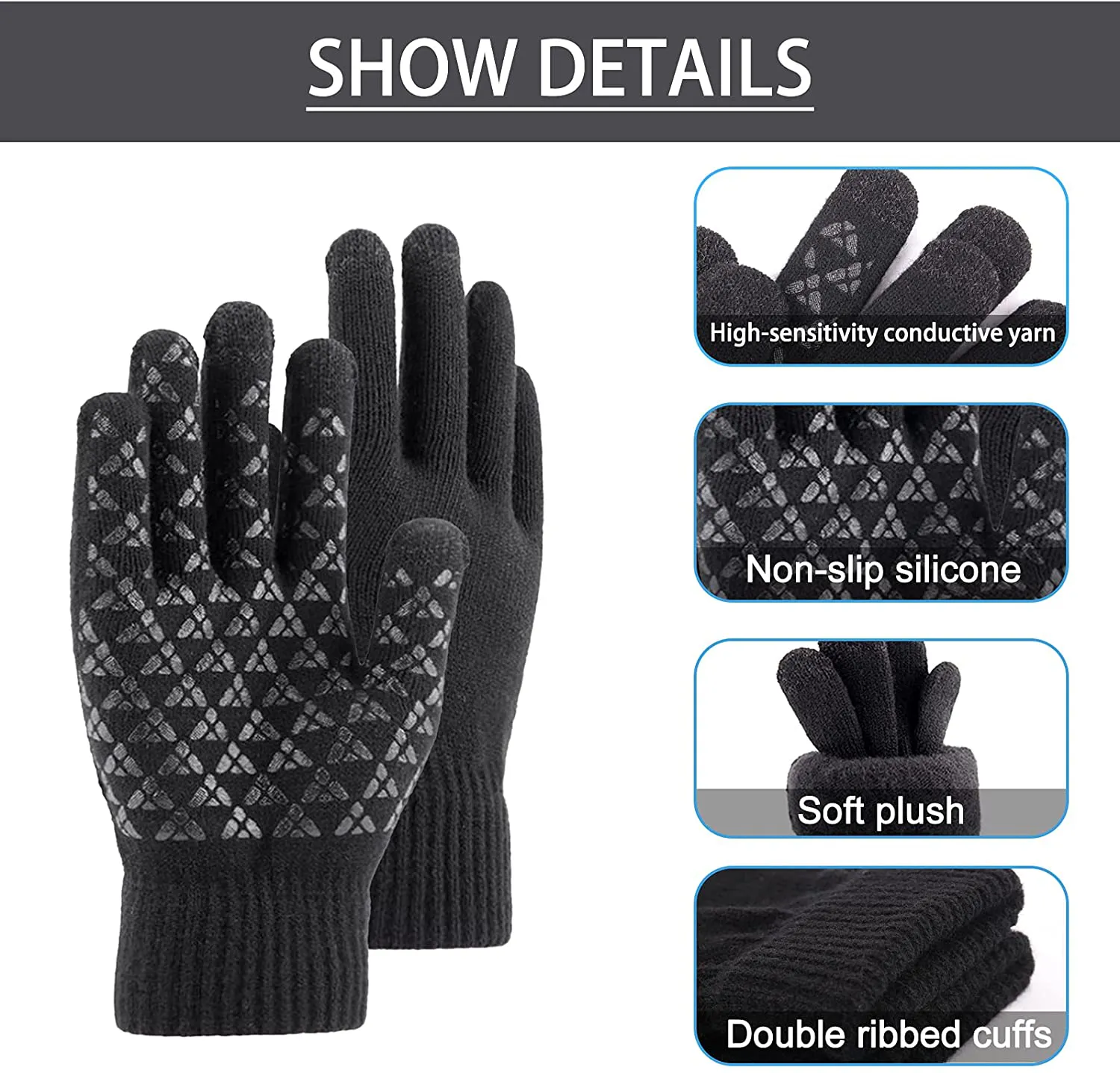 Andiker Winter Knit Gloves, Men Women Touch Screen Cold Weather Gloves, Full Finger Soft Warm Anti Slip Gloves for Hiking