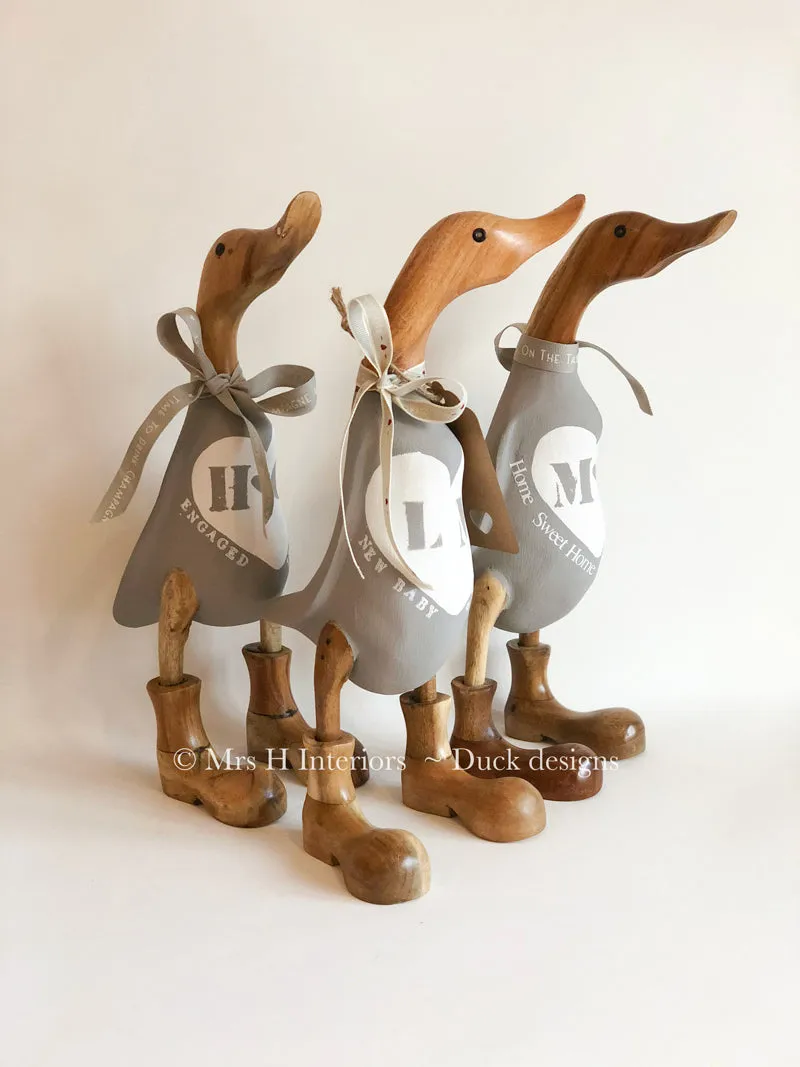 Anniversary or Occasion Duck, with initials and date - Decorated Wooden Duck in Boots by Mrs H the Duck Lady