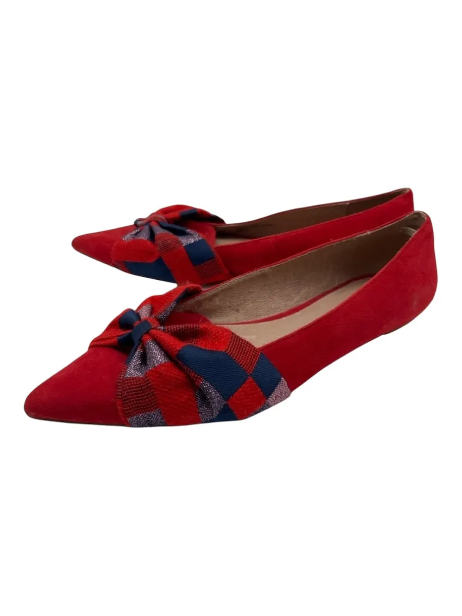 Anthropologie Shoe Size 8 Red & Blue Suede Pointed Toe Bow Plaid Flats