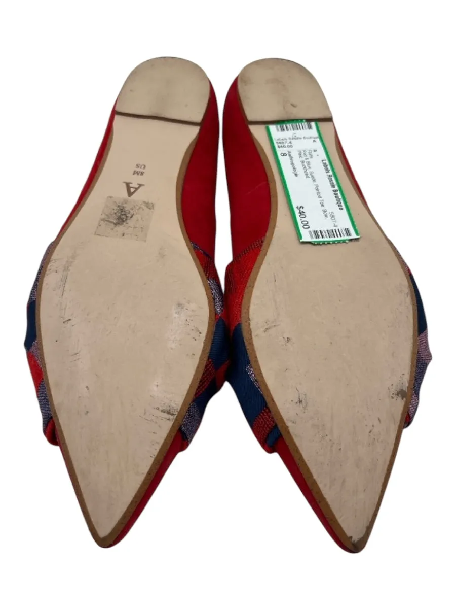 Anthropologie Shoe Size 8 Red & Blue Suede Pointed Toe Bow Plaid Flats