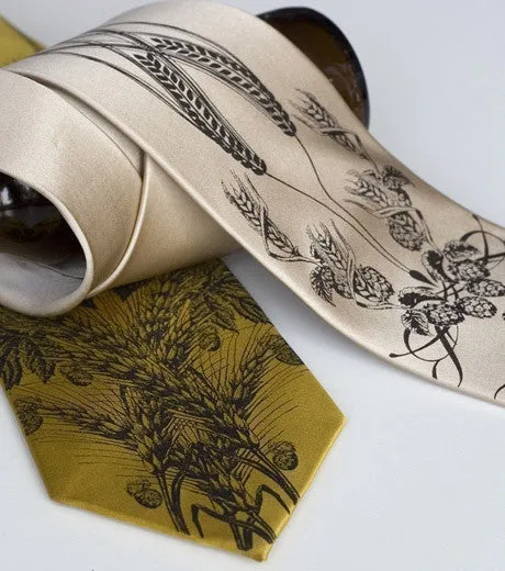 Beer Necktie. Hops & Wheat Print Tie