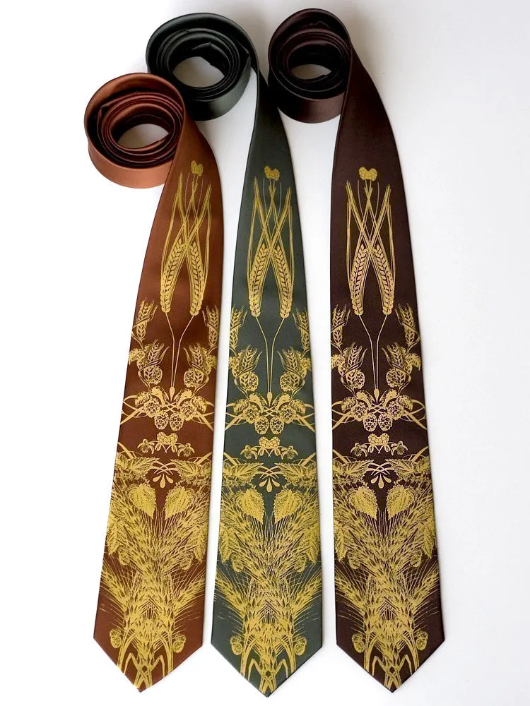 Beer Necktie. Hops & Wheat Print Tie