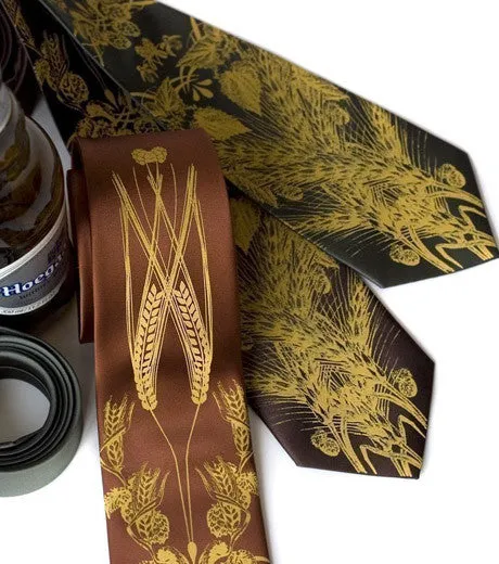 Beer Necktie. Hops & Wheat Print Tie