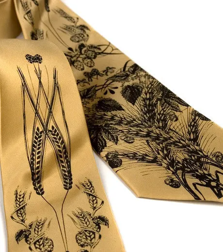 Beer Necktie. Hops & Wheat Print Tie