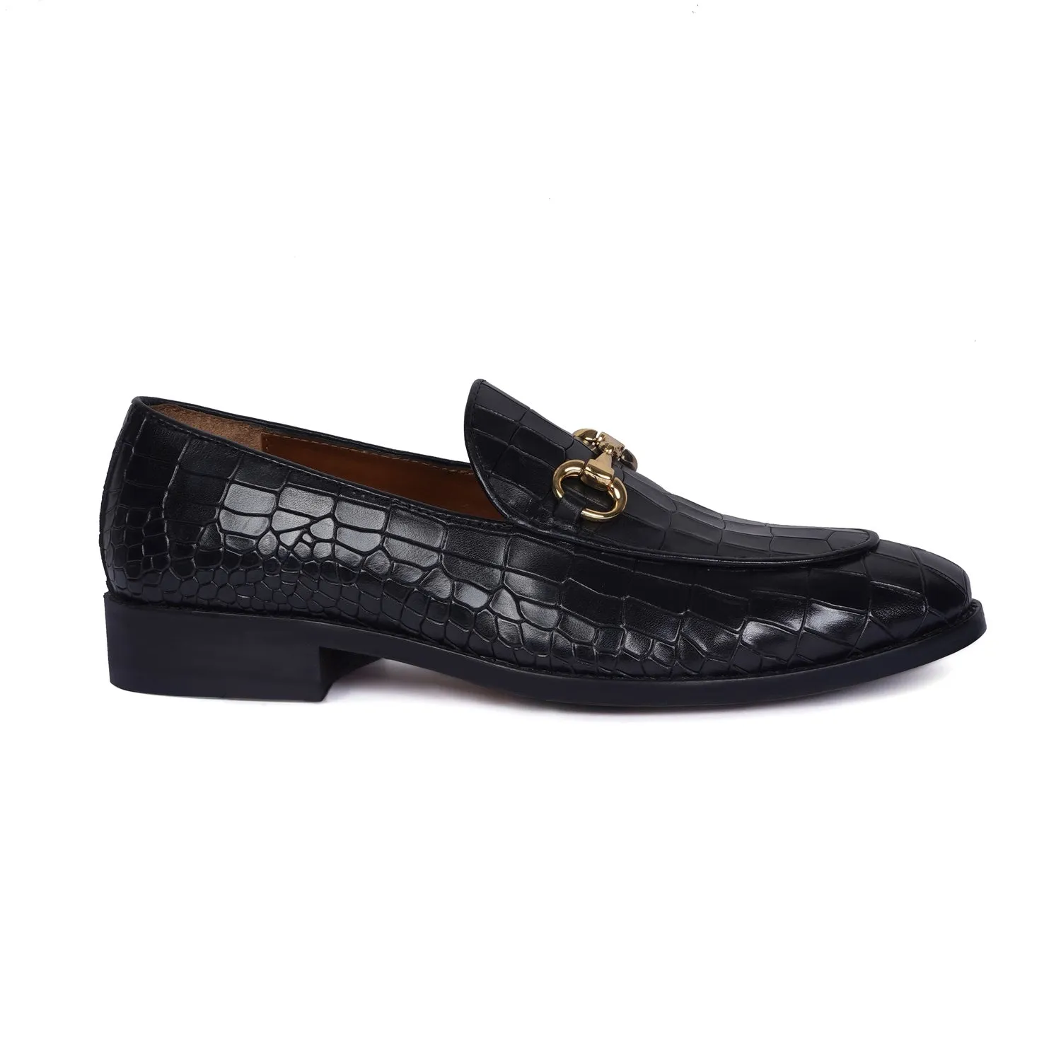 Black Full Deep Cut Leather Loafer With Horse-bit Buckle