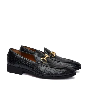 Black Full Deep Cut Leather Loafer With Horse-bit Buckle