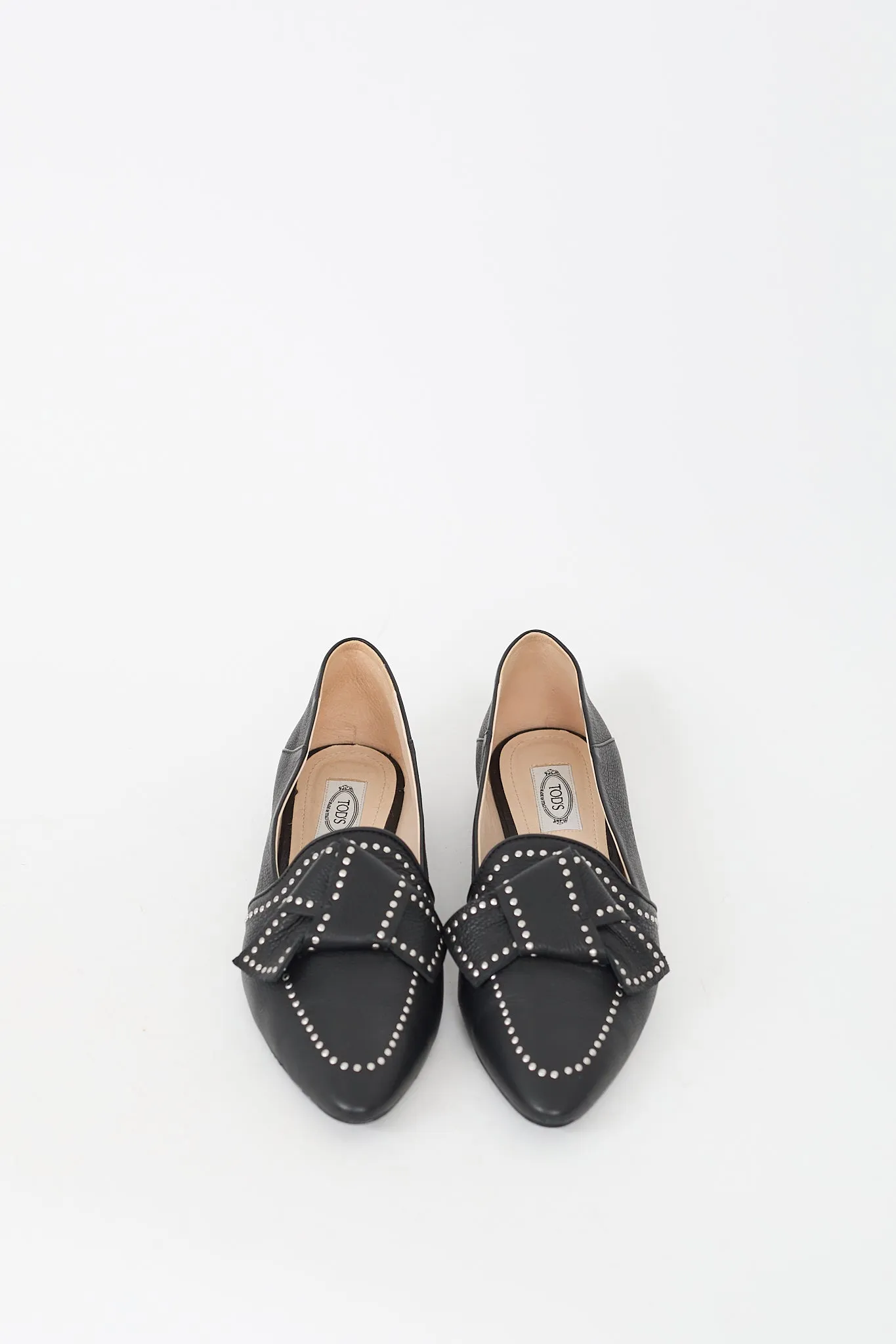 Black Leather Studded Bow Flat