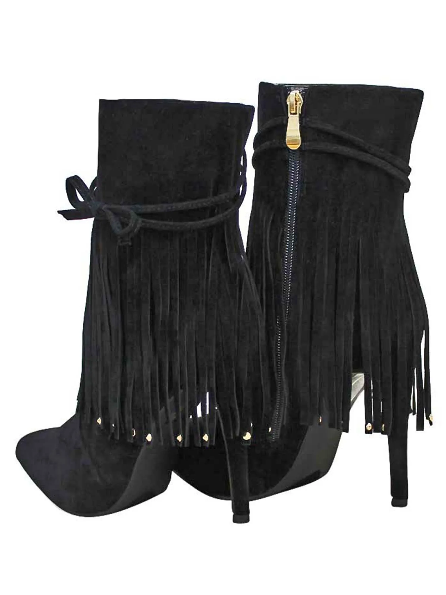 Black Moccasin Fringe Bootie Pumps For Women