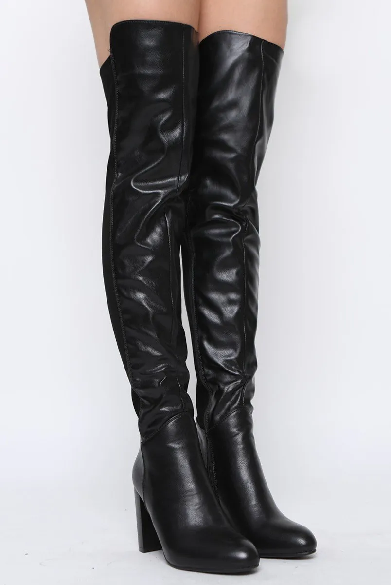 Black Patent Suede Panel Heeled Over The Knee Boots - Katerina