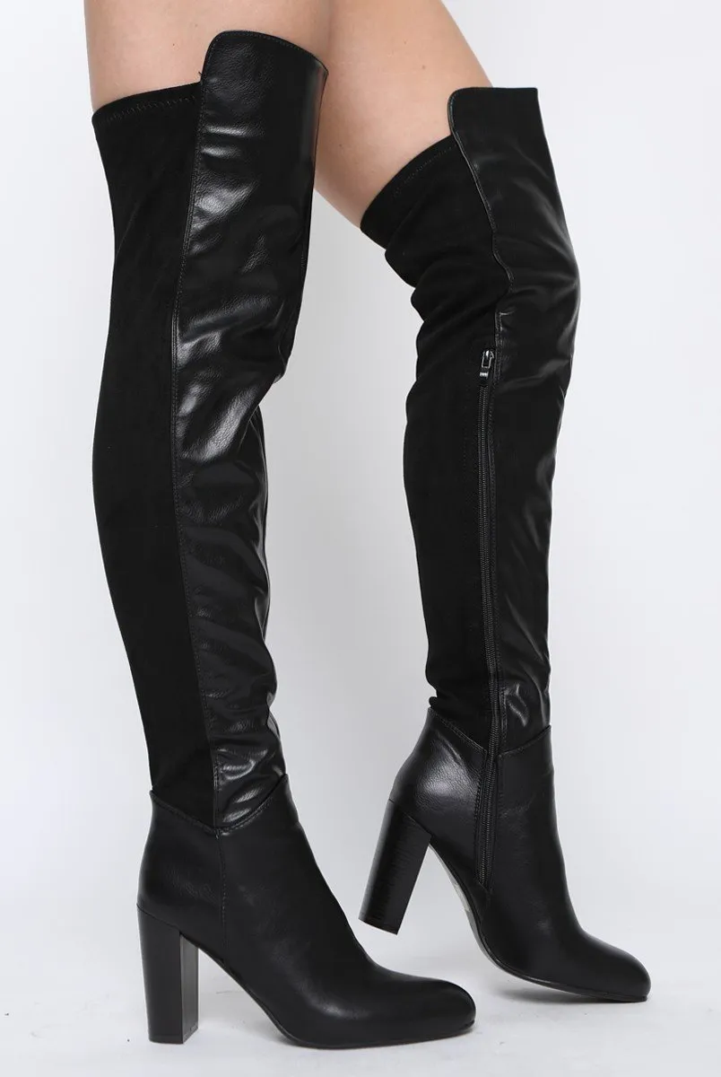 Black Patent Suede Panel Heeled Over The Knee Boots - Katerina