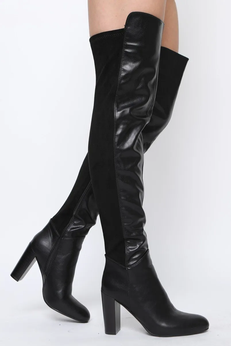 Black Patent Suede Panel Heeled Over The Knee Boots - Katerina