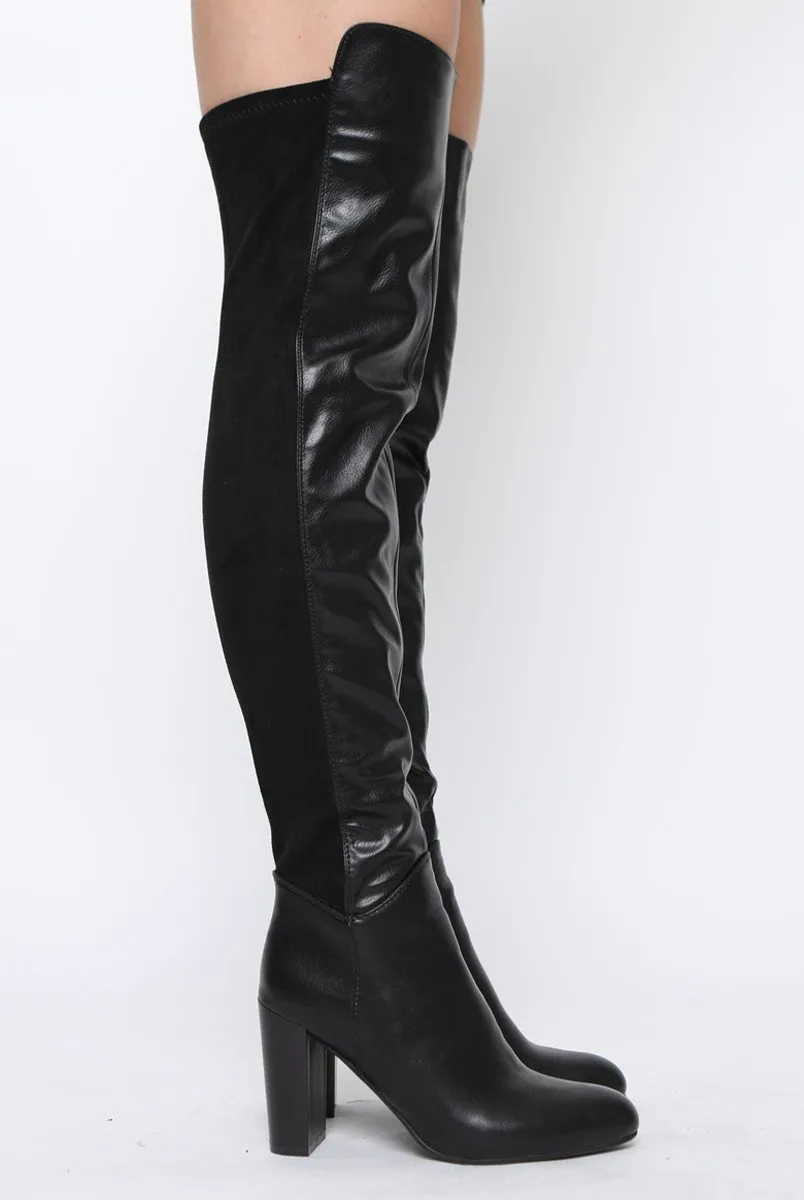 Black Patent Suede Panel Heeled Over The Knee Boots - Katerina