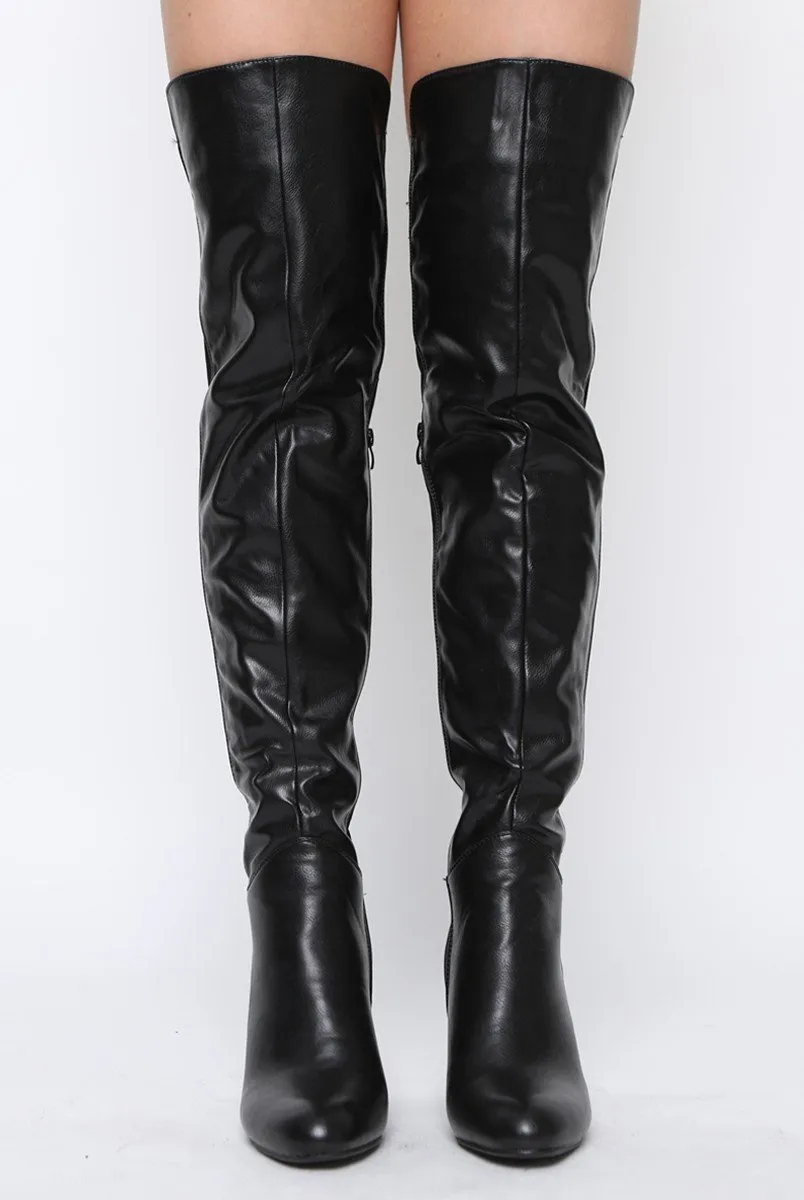 Black Patent Suede Panel Heeled Over The Knee Boots - Katerina