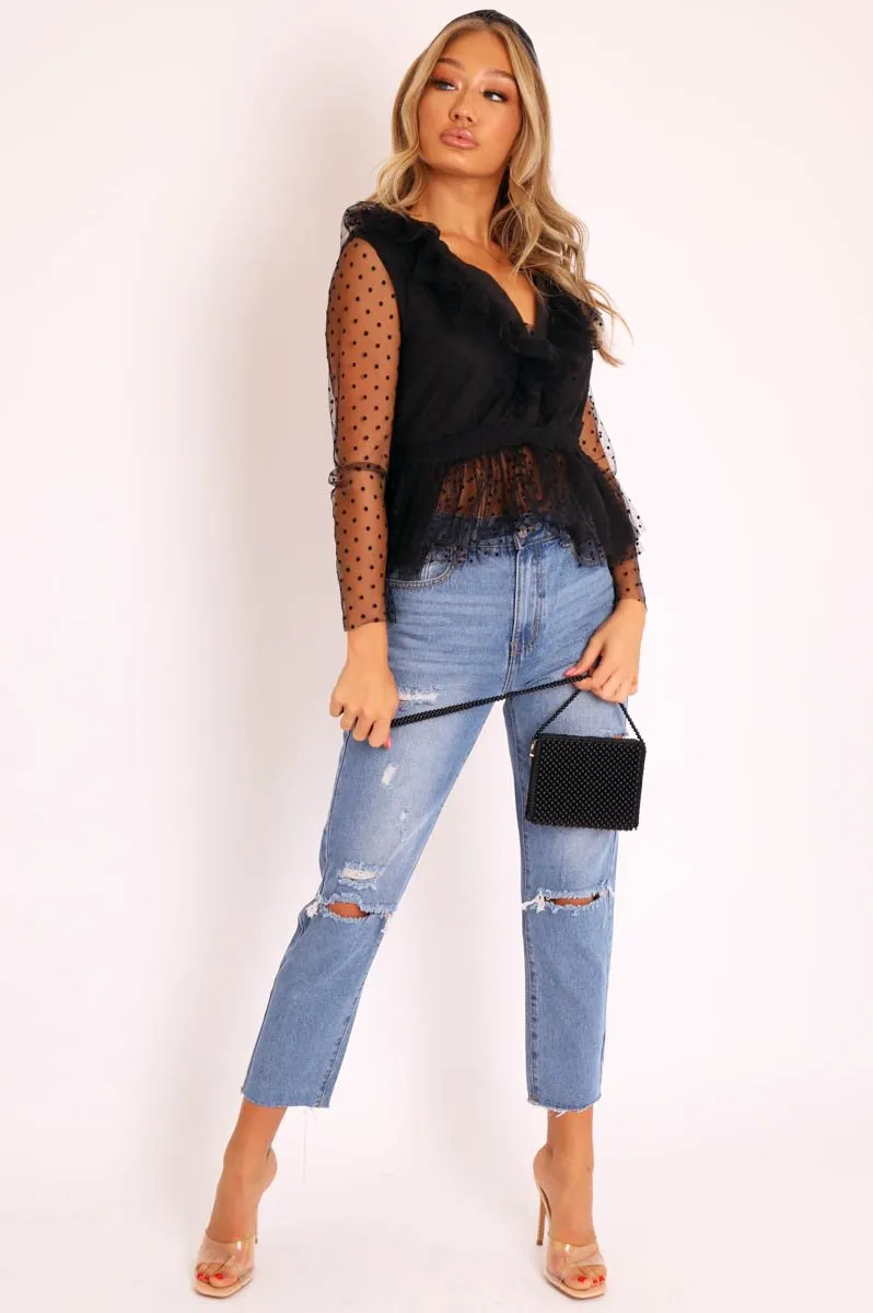 Black Plunge Tulle Ruffle Mesh Polka Sleeves Top - Dalis