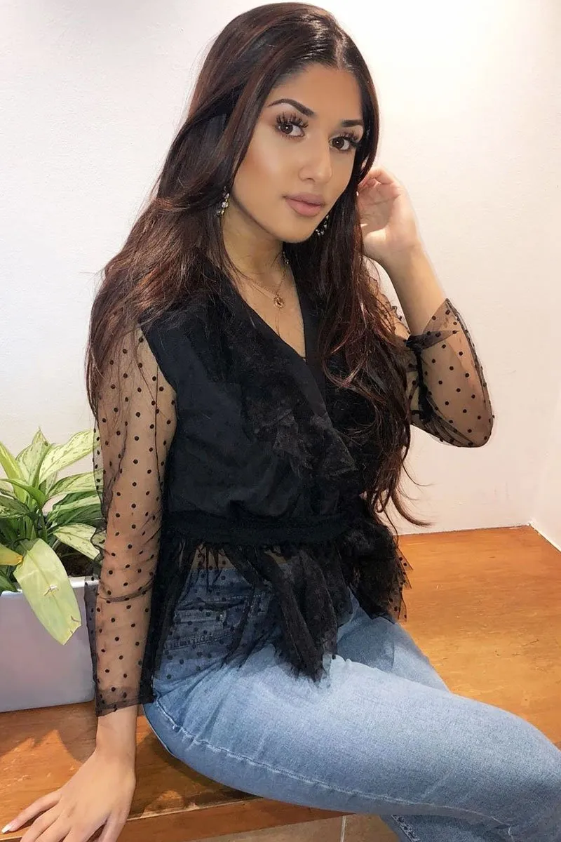 Black Plunge Tulle Ruffle Mesh Polka Sleeves Top - Dalis