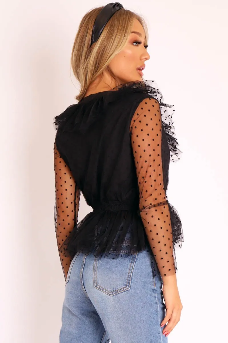 Black Plunge Tulle Ruffle Mesh Polka Sleeves Top - Dalis