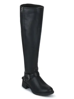 Black PU Buckle Down Collar Long Boots