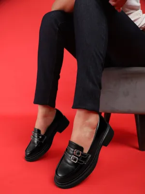 Black PU Double Buckle Slip-On Heel Loafers (TC-RS3588-BLK)