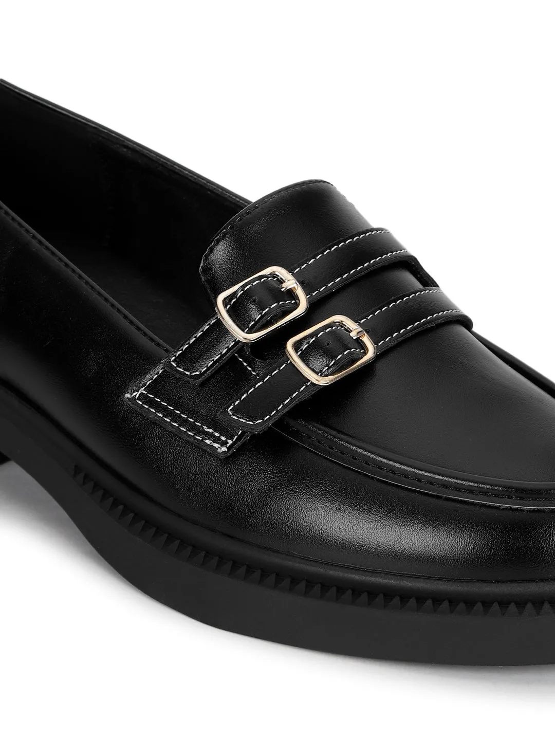 Black PU Double Buckle Slip-On Heel Loafers (TC-RS3588-BLK)