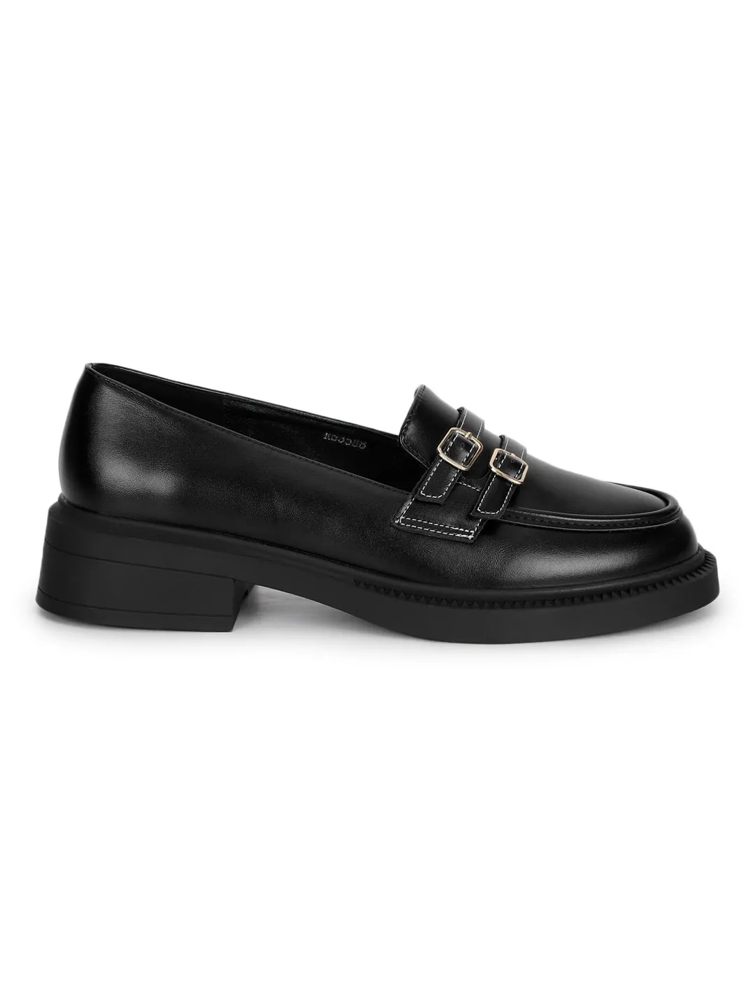 Black PU Double Buckle Slip-On Heel Loafers (TC-RS3588-BLK)