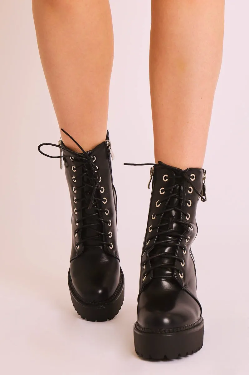 Black PU Leather Lace Up Heeled Boots - Faelyn