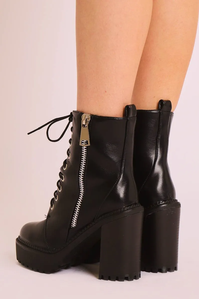 Black PU Leather Lace Up Heeled Boots - Faelyn