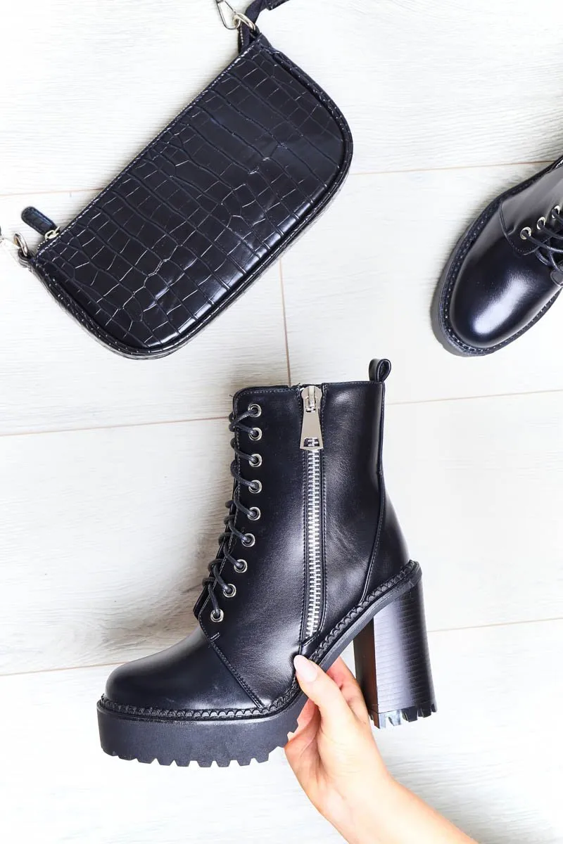 Black PU Leather Lace Up Heeled Boots - Faelyn