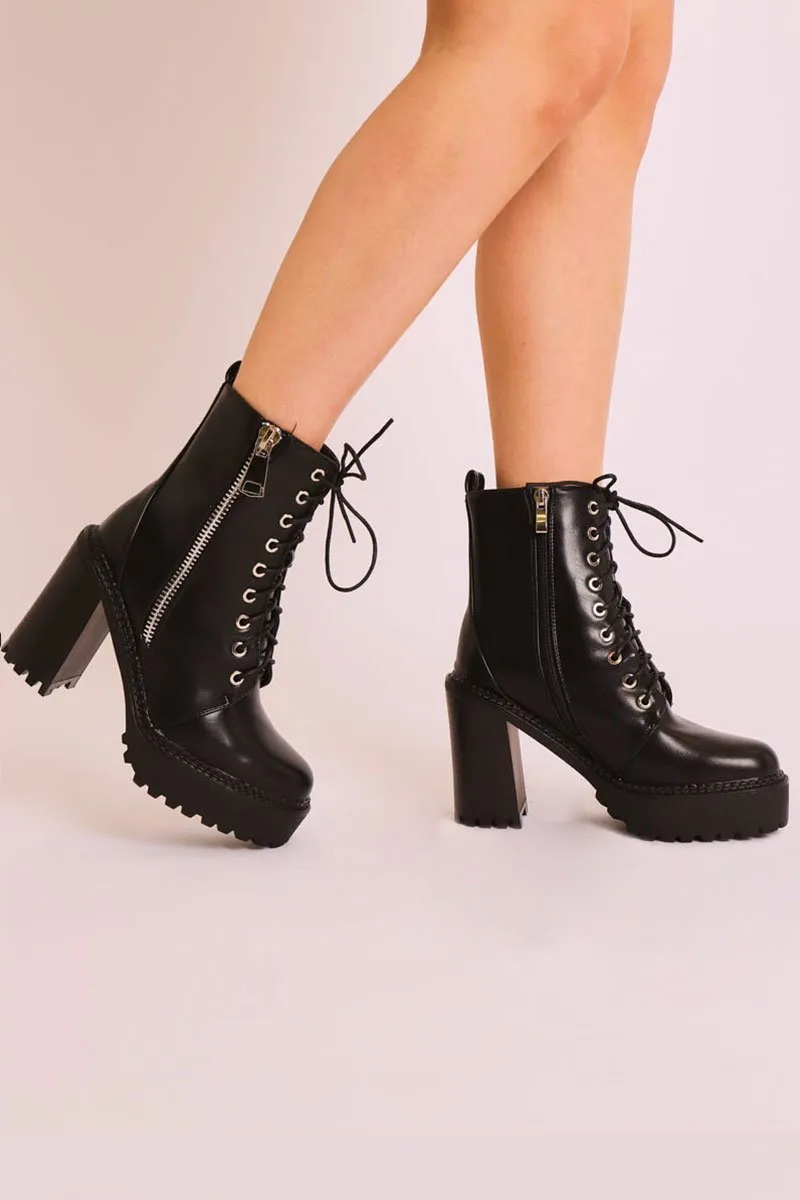 Black PU Leather Lace Up Heeled Boots - Faelyn