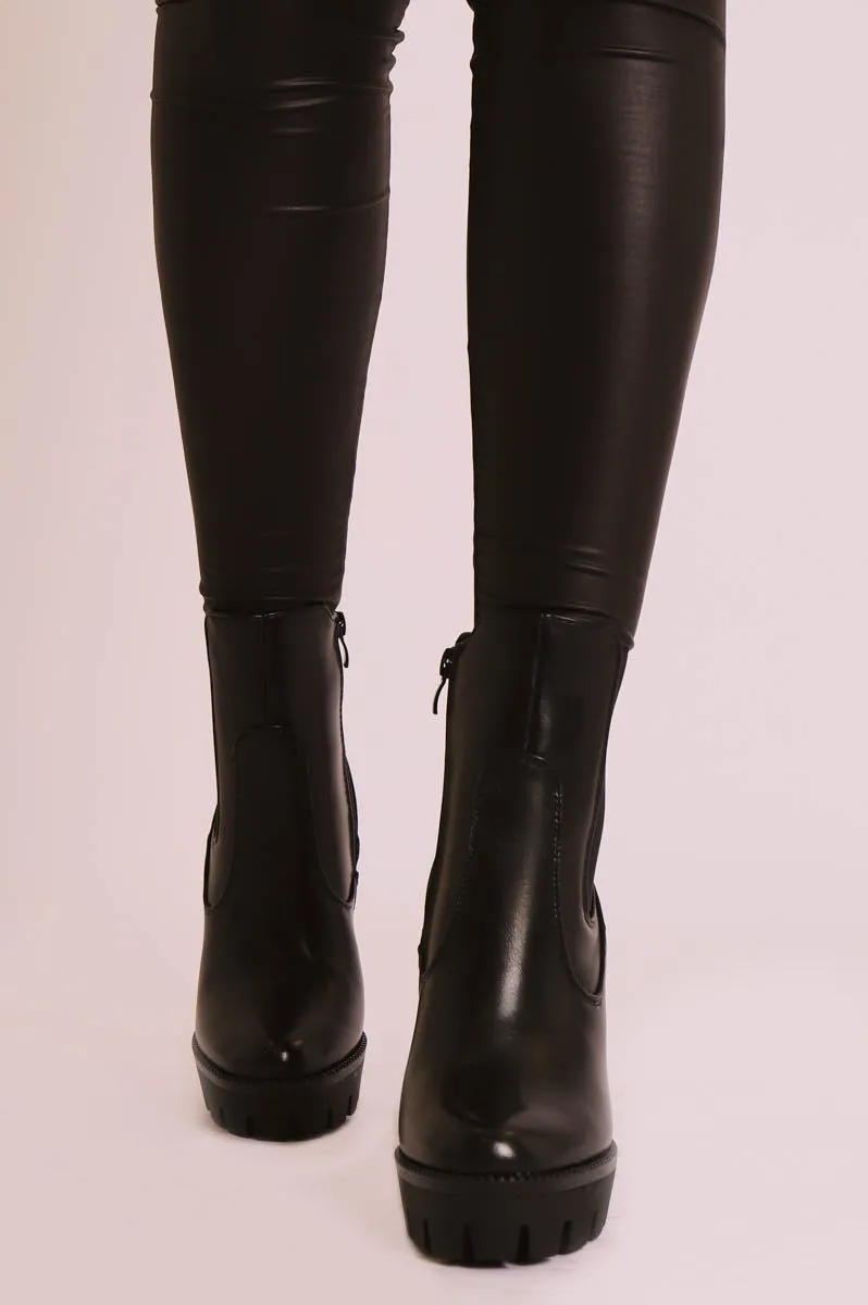 Black PU Leather Platform High Heeled Boots - Nova