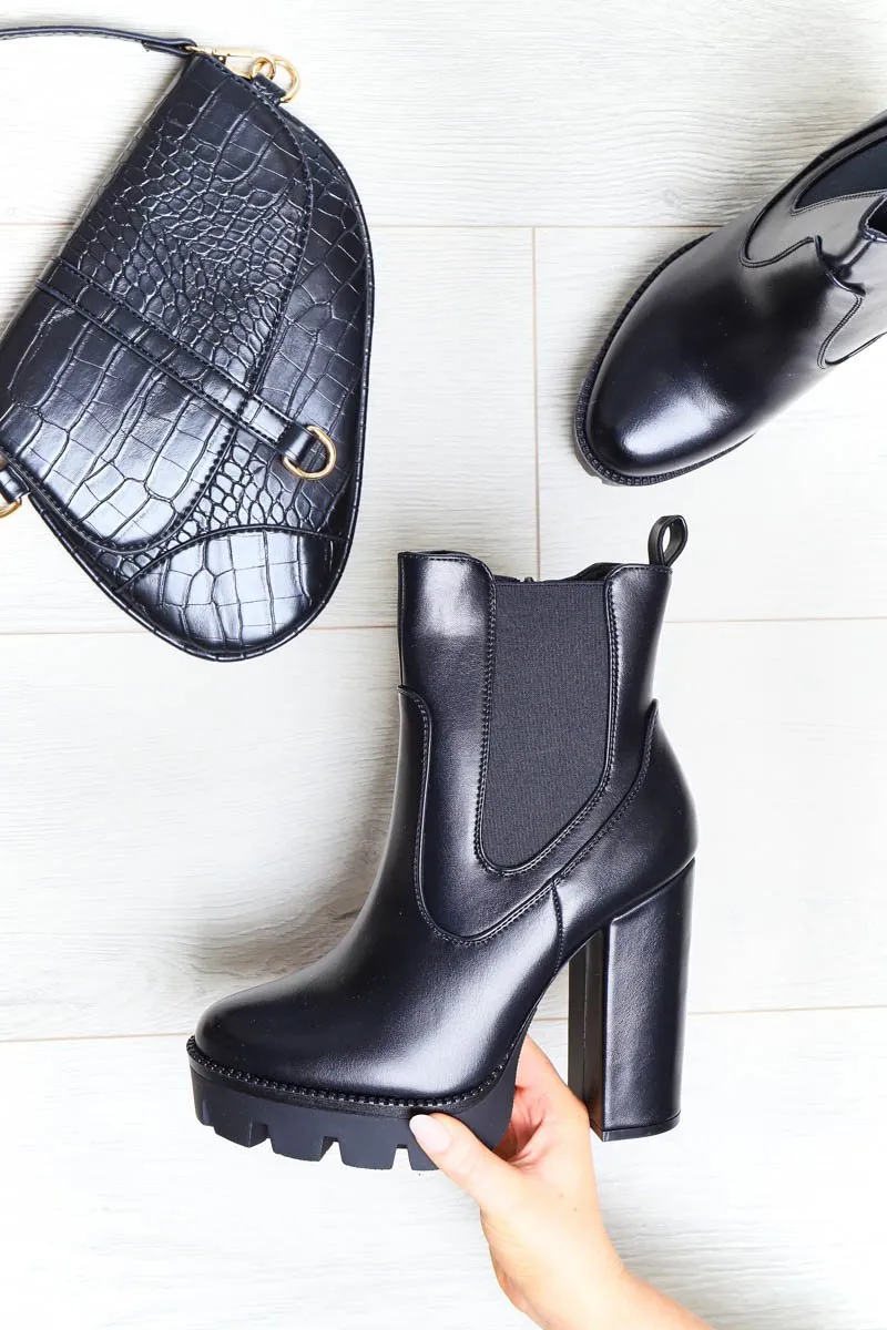 Black PU Leather Platform High Heeled Boots - Nova