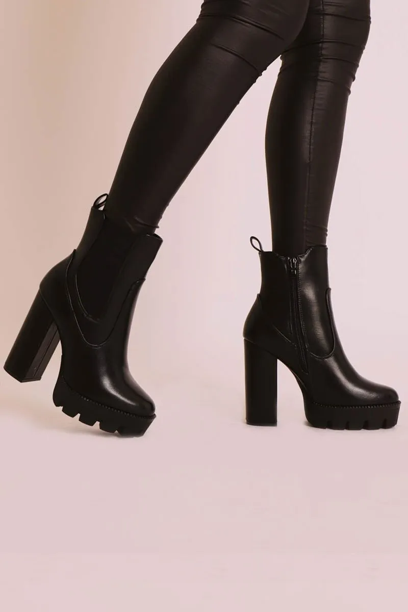 Black PU Leather Platform High Heeled Boots - Nova