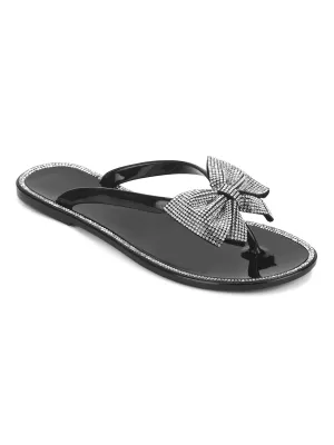 Black PVC Diamante Bow Slip On Flats