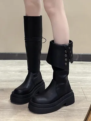 Black retro American thick-heeled platform boots